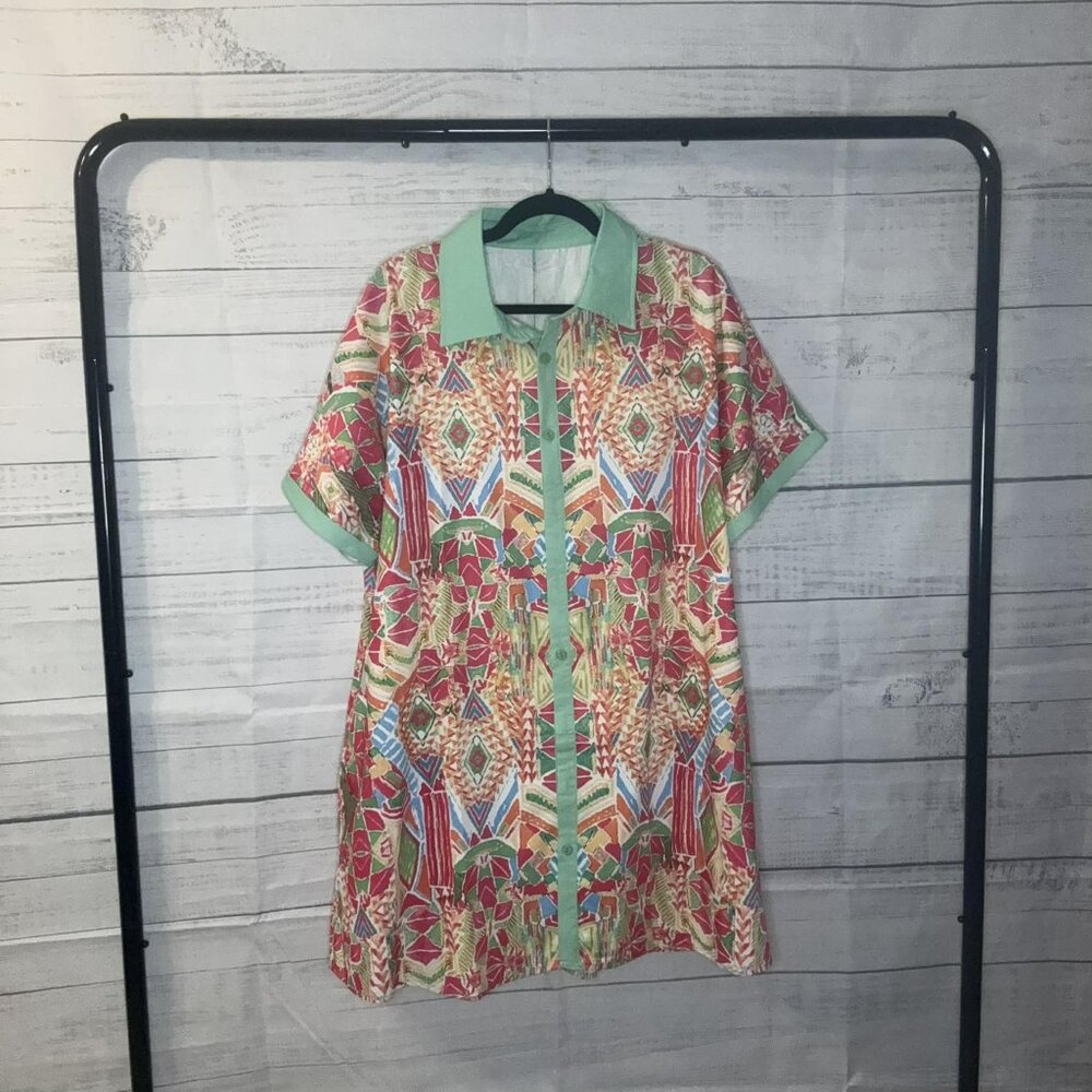 NWOT Multi-color Geometric Print Contrast Short Sleeve Shirt Dress - Picture 6 of 7